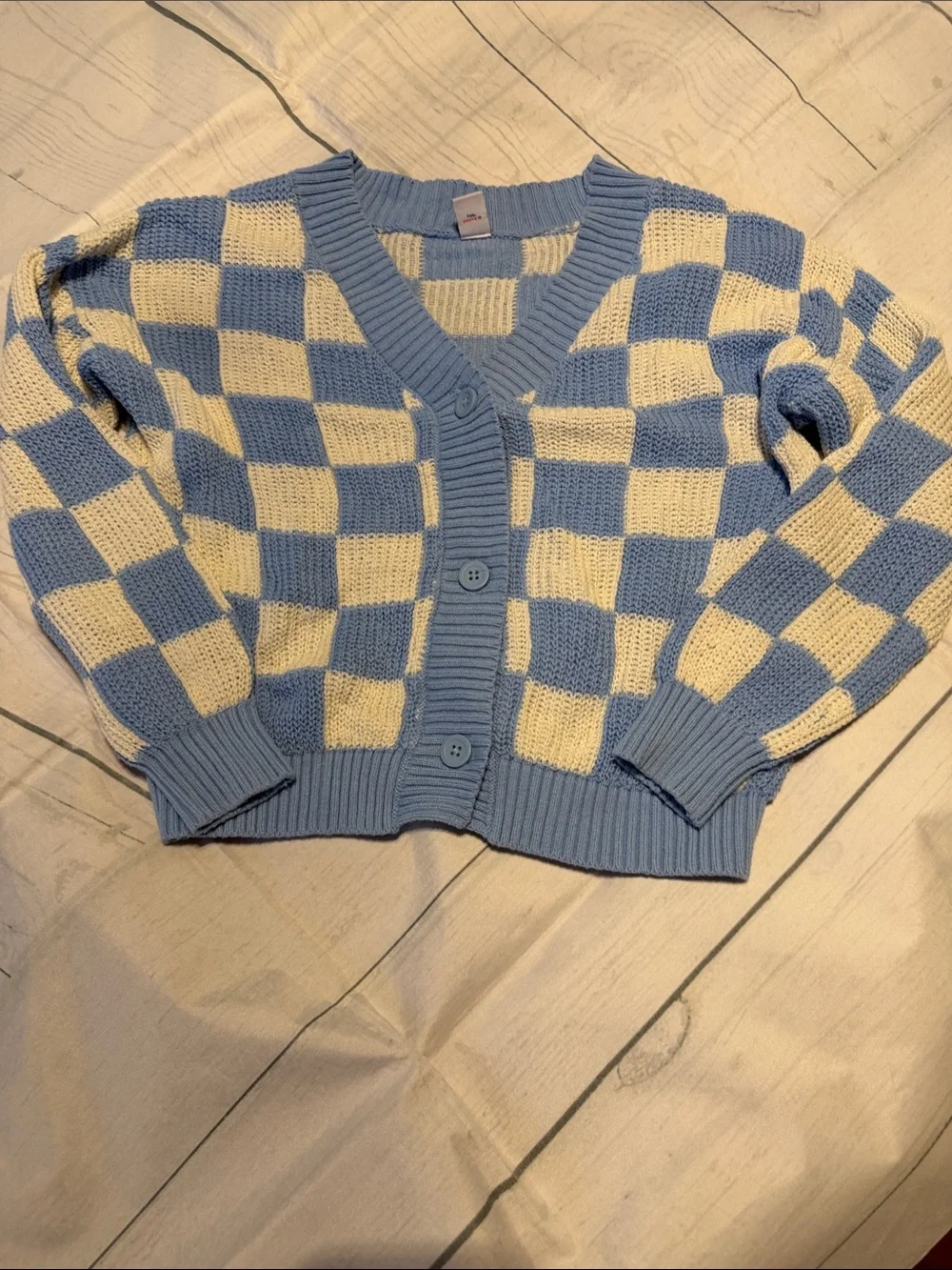 Old Navy Blue & Cream Girls’ Checkerboard V-Neck Cardigan